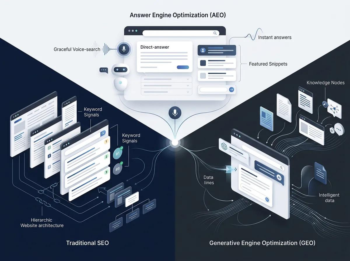 Illustration of SEO, AEO, and GEO working together in modern search